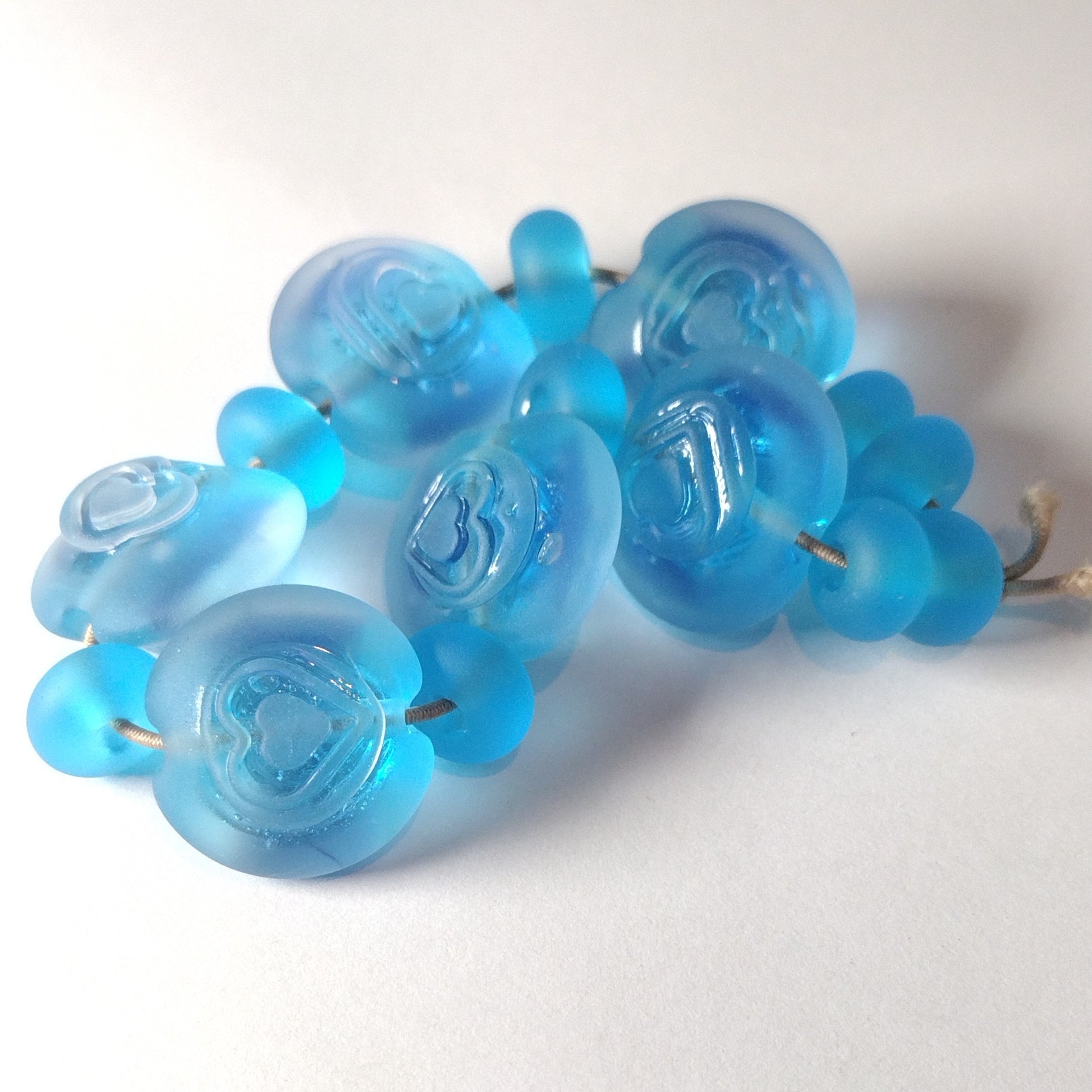 Tumbled aqua heart texture lentil beads - lampwork bead set Jolene Beads