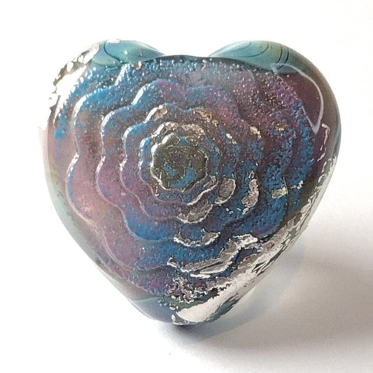 Green glass heart bead with enamel and silver leaf Jolene Beads