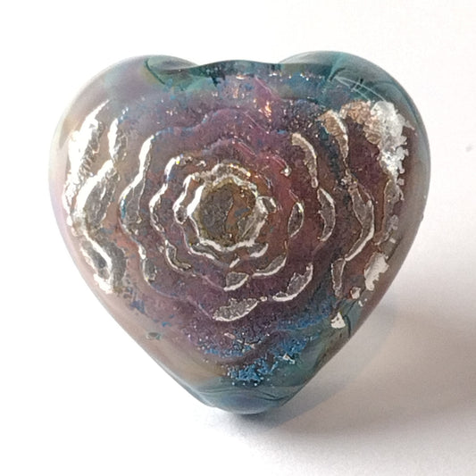 Purple and turquoise silver glass heart bead with enamel and silver leaf Jolene Beads