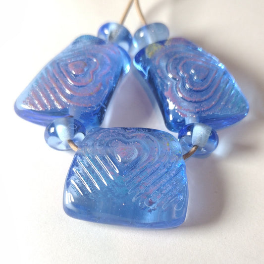 Blue heart texture pressed lampwork bead set Jolene Beads