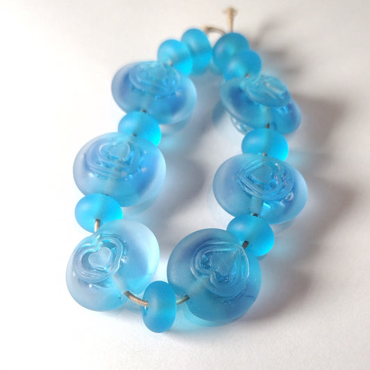Tumbled aqua heart texture lentil beads - lampwork bead set Jolene Beads