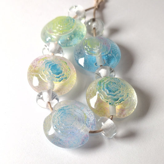 Clear flower texture lentils dusted with enamels - lampwork bead set Jolene Beads