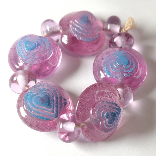 Pale lilac and teal heart lampwork bead set Jolene Beads