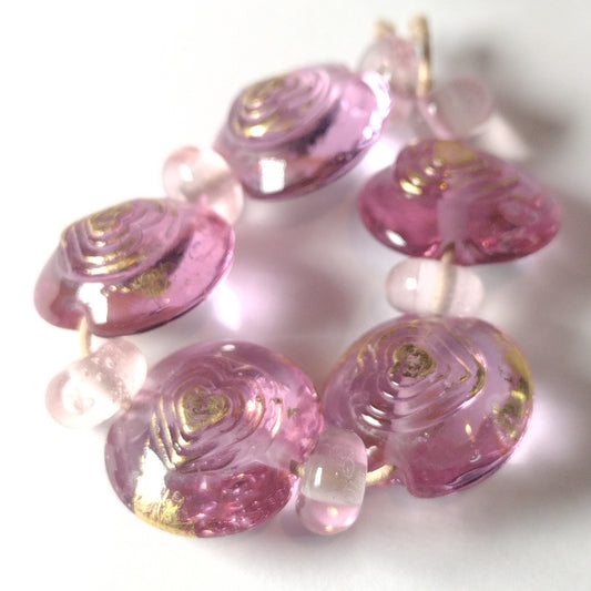 Pale lilac lentils with gold burnished hearts lampwork bead set Jolene Beads