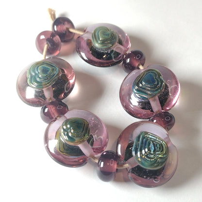 Purple lentils with silver glass hearts lampwork bead set Jolene Beads
