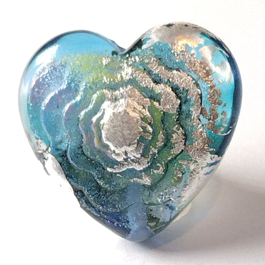 Blue enamel and silver leaf flower textured heart Jolene Beads