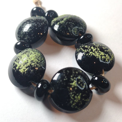 Black lentils with lime textured hearts lampwork bead set Jolene Beads