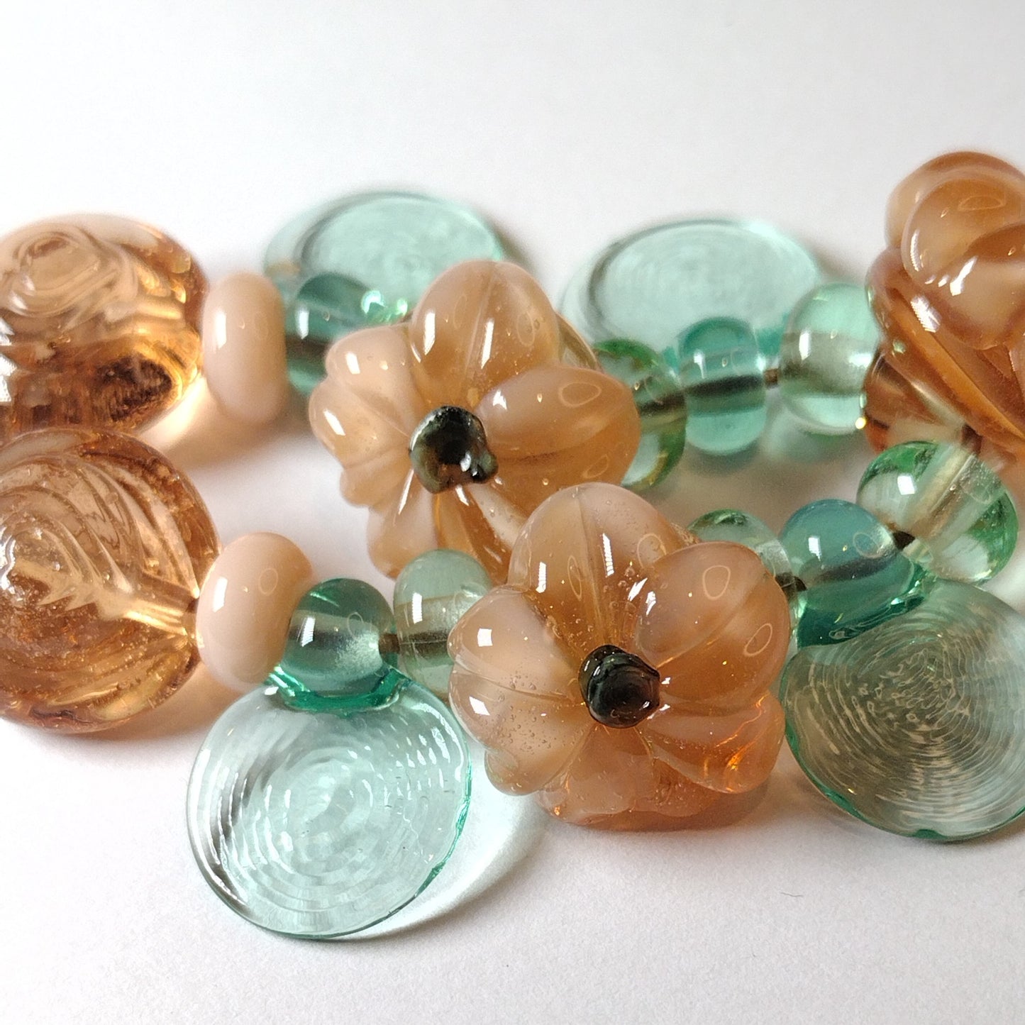 Peach button style flower lampwork bead set Jolene Beads