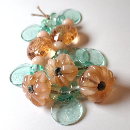Peach button style flower lampwork bead set Jolene Beads