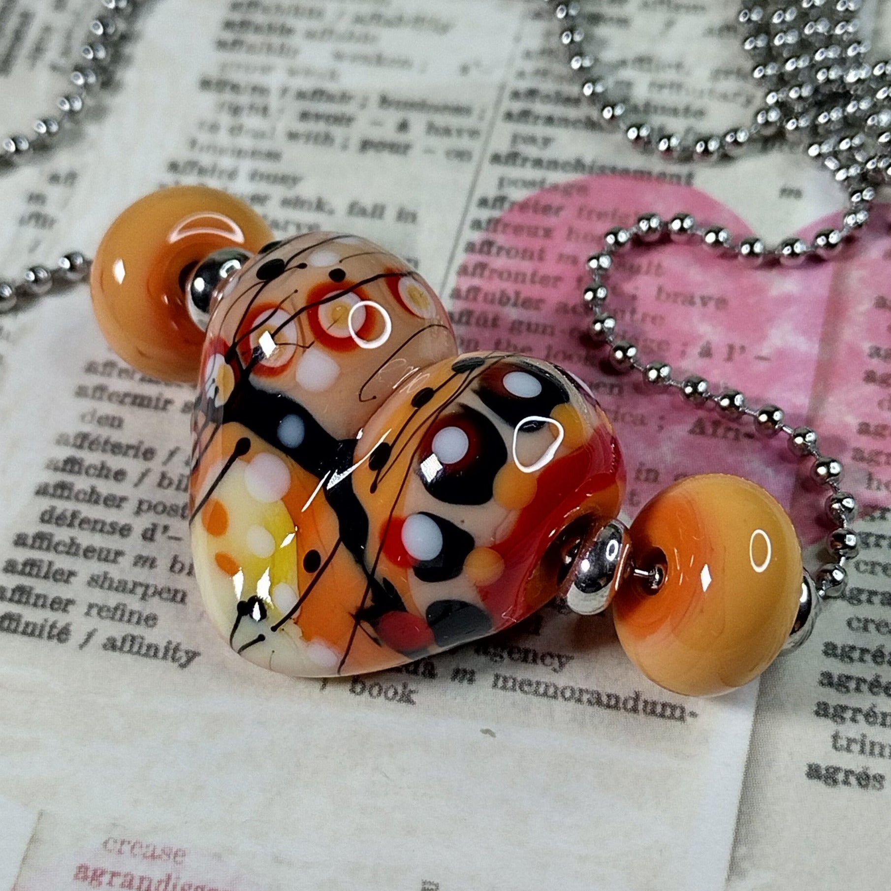 Tan and orange patchwork heart necklace Jolene Beads